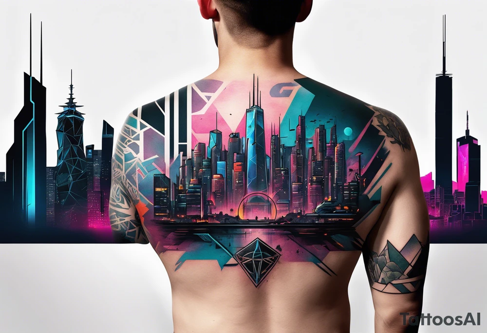 cyberpunk 2077, forearm tattoo, geometric, subtle, men, city skyline, 4k tattoo idea