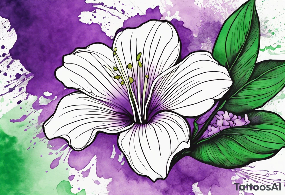 An outline of a rio dipladenia flower with a mystical green/purple watercolor splash in the background tattoo idea