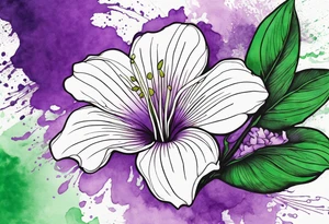 An outline of a rio dipladenia flower with a mystical green/purple watercolor splash in the background tattoo idea