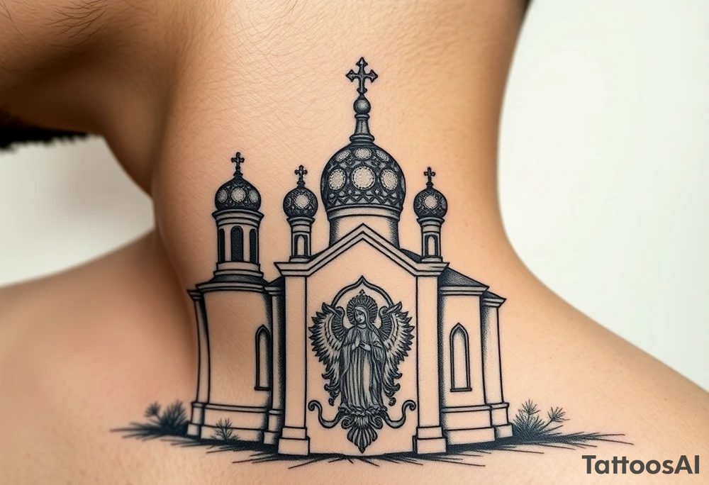 medium sized Russian orthodox church with bulb domes with a prominent russian orthodox coat of arms & virgin mary tattoo idea