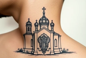 medium sized Russian orthodox church with bulb domes with a prominent russian orthodox coat of arms & virgin mary tattoo idea
