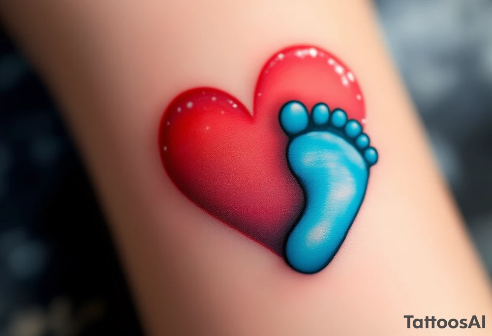 A red heart cradling a tiny blue baby footprint symbolizes eternal maternal love and protection. tattoo idea