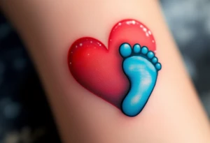 A red heart cradling a tiny blue baby footprint symbolizes eternal maternal love and protection. tattoo idea