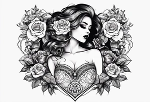 chest tattoo covering lover part of the neck. contains skulls, roses and muertos style girls tattoo idea