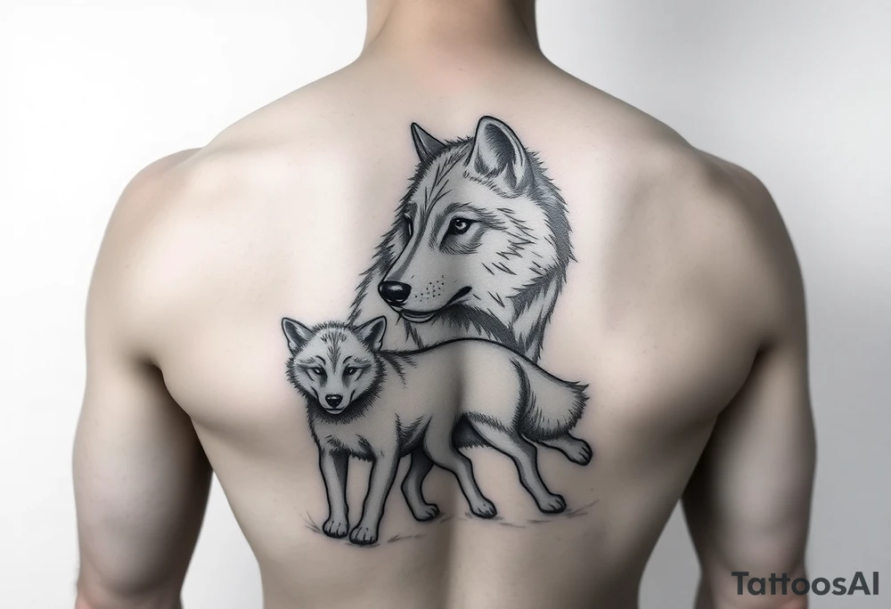 A solitary yet sublime and noble wolf and its progeny. tattoo idea