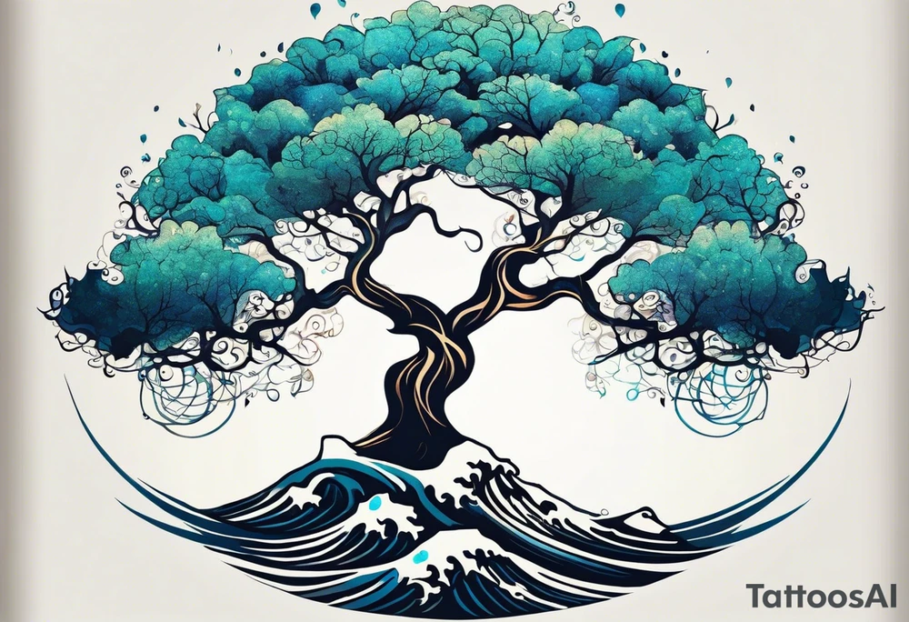 an abstract Tree of Life tattoo. It should have roots growing out of the bottom. The roots slowly turn into water from the Great Wave by Hokusai. A golf flag should be placed discreetly growing out of the ground. 2 license plate tags should be hanging from the tree. Place a few music notes in the areas the leaves should be. The letters A U should be engraving into the tree trunk in a heart. Black and white only. tattoo idea