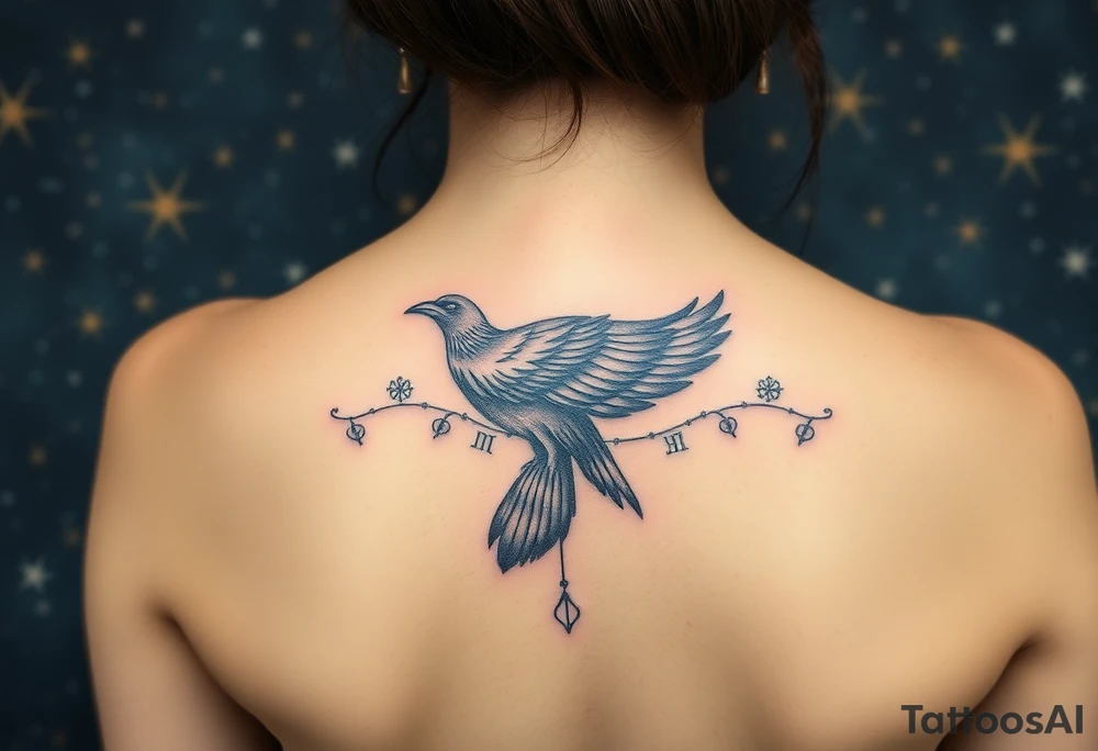 Raven with starry sky background with zodiac constellations in it with runes in sky tattoo idea