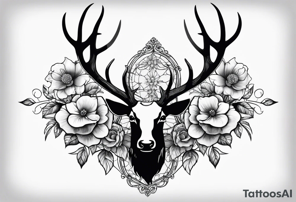 antlers rapped in barbed wire and flowers tattoo idea