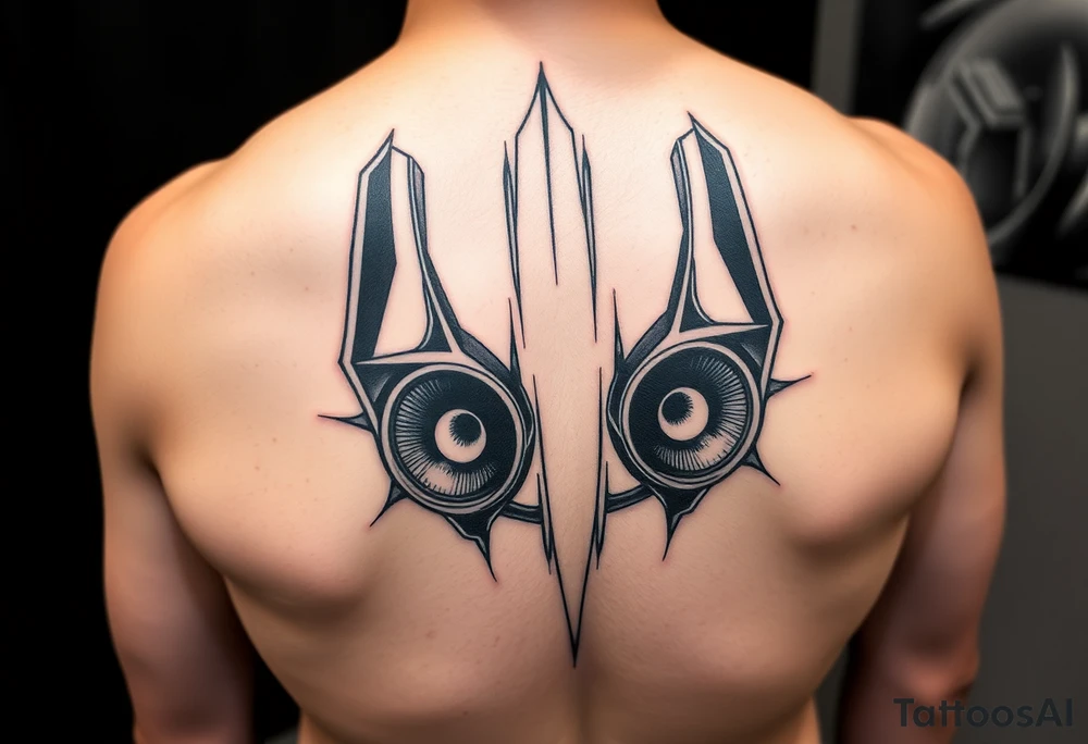 a back tattoo that looks like an exhaust vent, have it to where theres two exhausts on both back sides, try to make it look vertical on both sides also tattoo idea