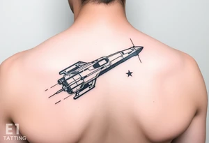 Shoulder tattoo of a spaceship and a star. tattoo idea