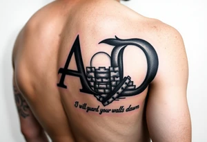 A sleeve tattoo on the right arm with the letters A and D in large letters combined and inside them the inscription "I will guard your walls until dawn" against a wall at sunrise tattoo idea