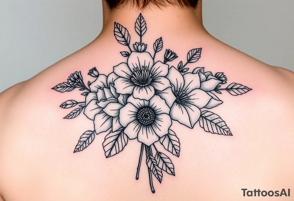 Birth flower bouquet with August August November August and October birth flowers tattoo idea