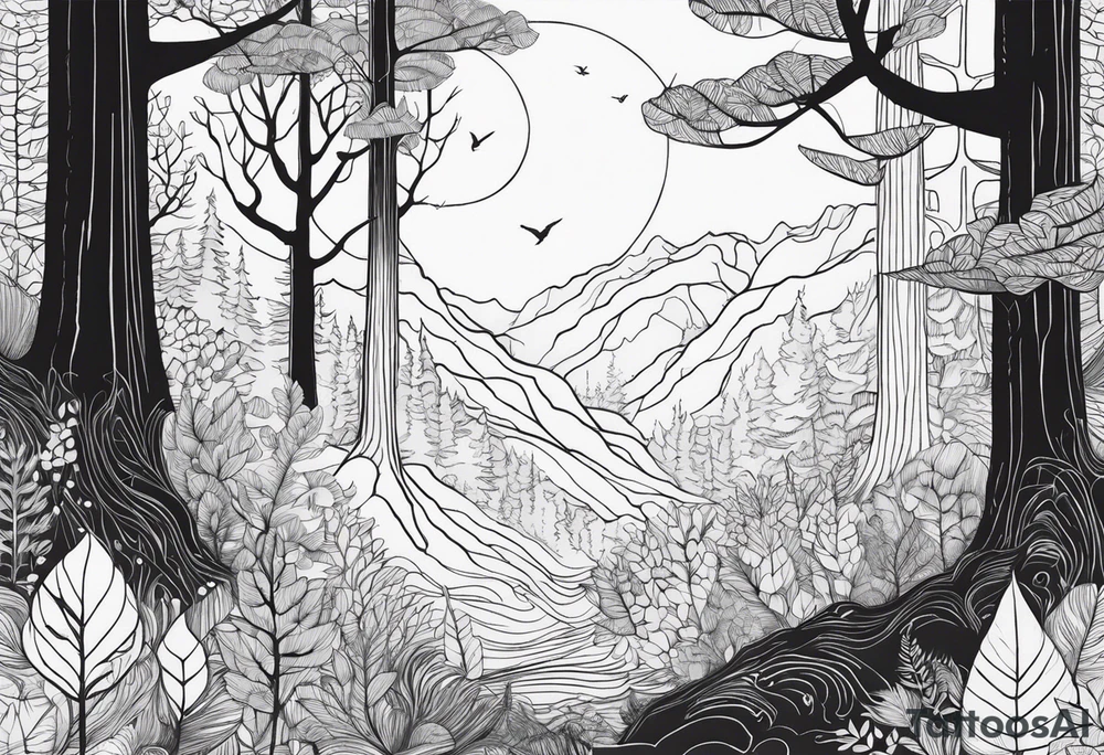 Draw me a Magical forest with s lot of trees in 2D and every tree is black and you see every trees leafs tattoo idea