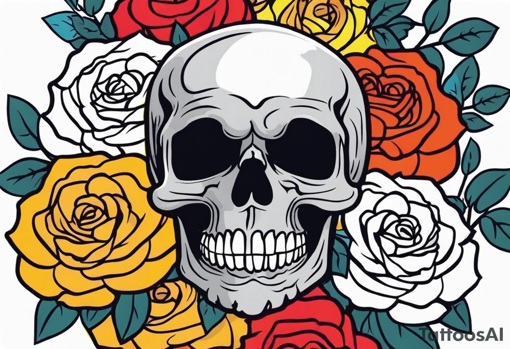 Gray skull smiling on bed of colorful roses tattoo idea