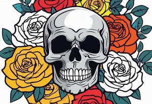 Gray skull smiling on bed of colorful roses tattoo idea