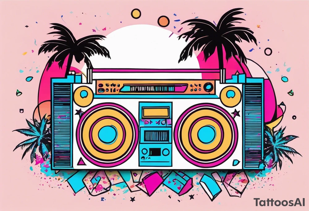 1980's miami vice style beach dance 
party, include confetti, music notes, boom box, bikinis sunset in the center tattoo idea
