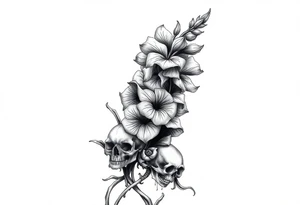 Aconitum flower going up the arm with details gothic style with skulls tribal large tattoo idea