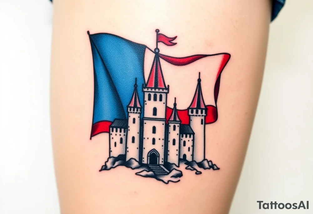A Czech flag (blue, white up, red down) waving behind a medieval castle tattoo idea
