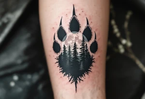 Wolf Paw with Forest Inside – A detailed charcoal-gray wolf paw print with trees and a moon inside, done in gray and forest green, representing wild spirit and mystery. tattoo idea