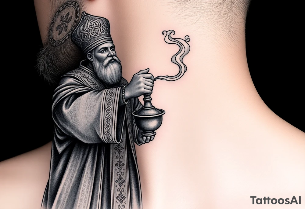 A Russian Orthodox Priest in full gold vestments swinging a censer with smoke curling upward 

The ornate robes give incredible fine line detail
The incense smoke could flow and connect to other elements
It ties directly into the church and Virgin Mary you already have
Very culturally authentic to the overall theme tattoo idea