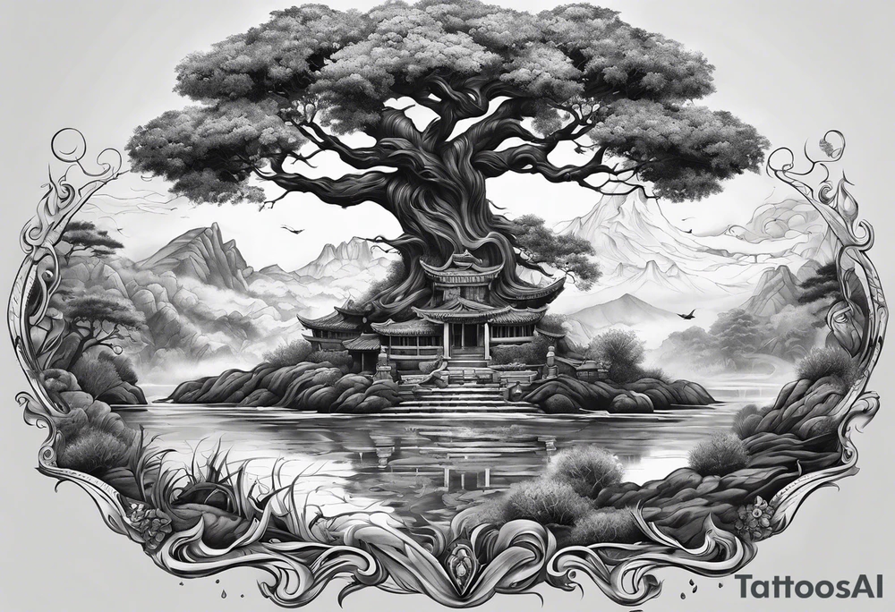 A mural with an water theme, a tree growing up out of the garden and a warrior defending tattoo idea