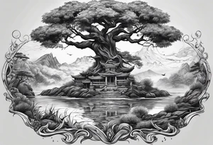 A mural with an water theme, a tree growing up out of the garden and a warrior defending tattoo idea