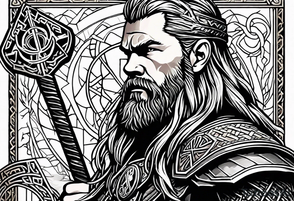 Thor with Viking runes in the background as a vignette tattoo idea