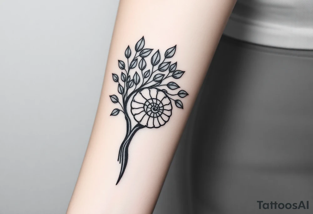 Fibonacci spiral shell inside of tree full of lots of leaves tattoo idea