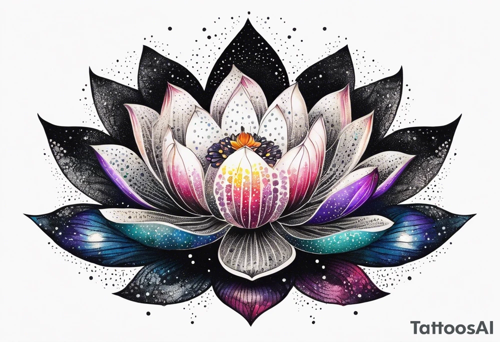 Vibrant colorful lotus flower at night time tattoo idea