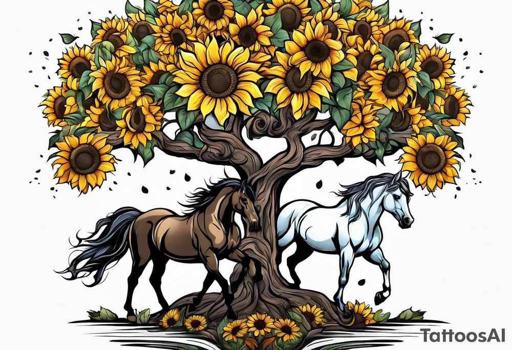 Yggdrasil tree, horse in front of it, and sunflowers tattoo idea