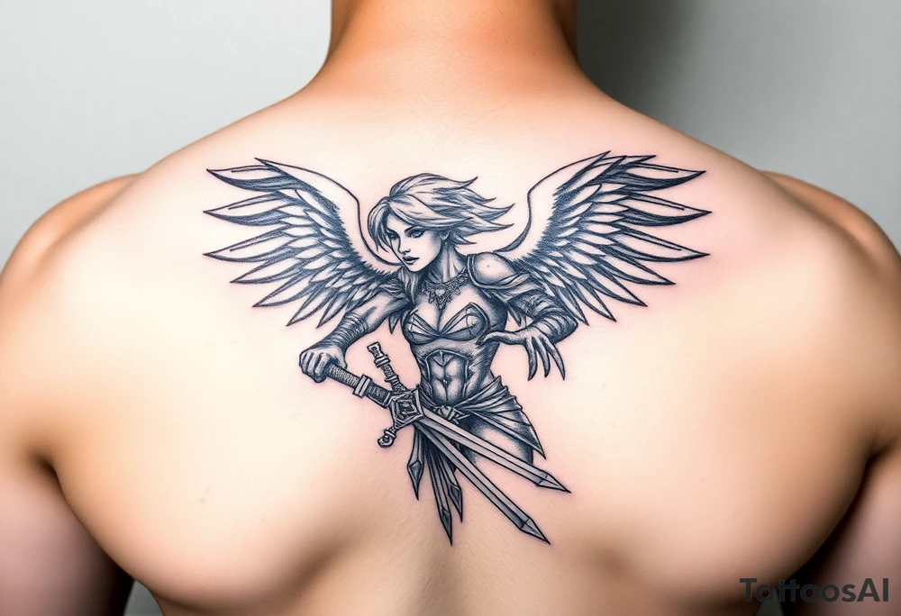 Fierce Female Angel warrior with dark shading tattoo idea