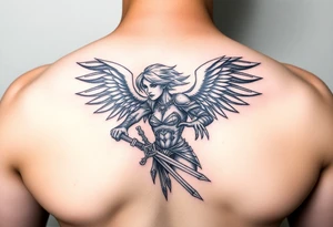 Fierce Female Angel warrior with dark shading tattoo idea