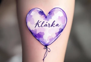 A heart-shaped balloon in soft lavender with a ribbon spelling Klárka. tattoo idea