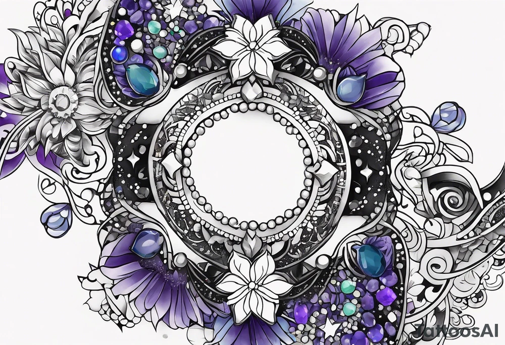 Delicate but strong garter tattoo band with sprinkles of stars and the amethyst, blue sapphire and peridot birthstones tattoo idea