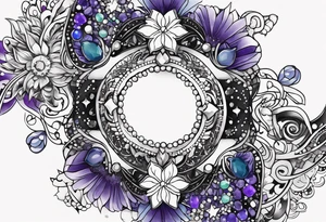Delicate but strong garter tattoo band with sprinkles of stars and the amethyst, blue sapphire and peridot birthstones tattoo idea