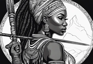 African woman warrior holding spear with deadlocks and earrings. With African setting in the background tattoo idea