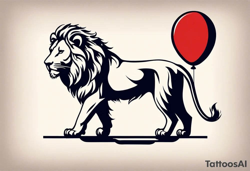 tattoo design should be in the layout of the famouse picture"small princ"  where it should remind me that I survived,and my life was saved by my husband, and he should be represented in the tattoo as a young lion holding a balloon held in the muzzle.
The baloon which is red and in Hearth shape. The whole body of lion should be visible and more abstract not so realistic.The lion is holding the string of the baloon in the muzzle. The string from the balloon should have a heartbeat pulse.The baloon should be red colored, and the rest of the image should be black only. tattoo idea