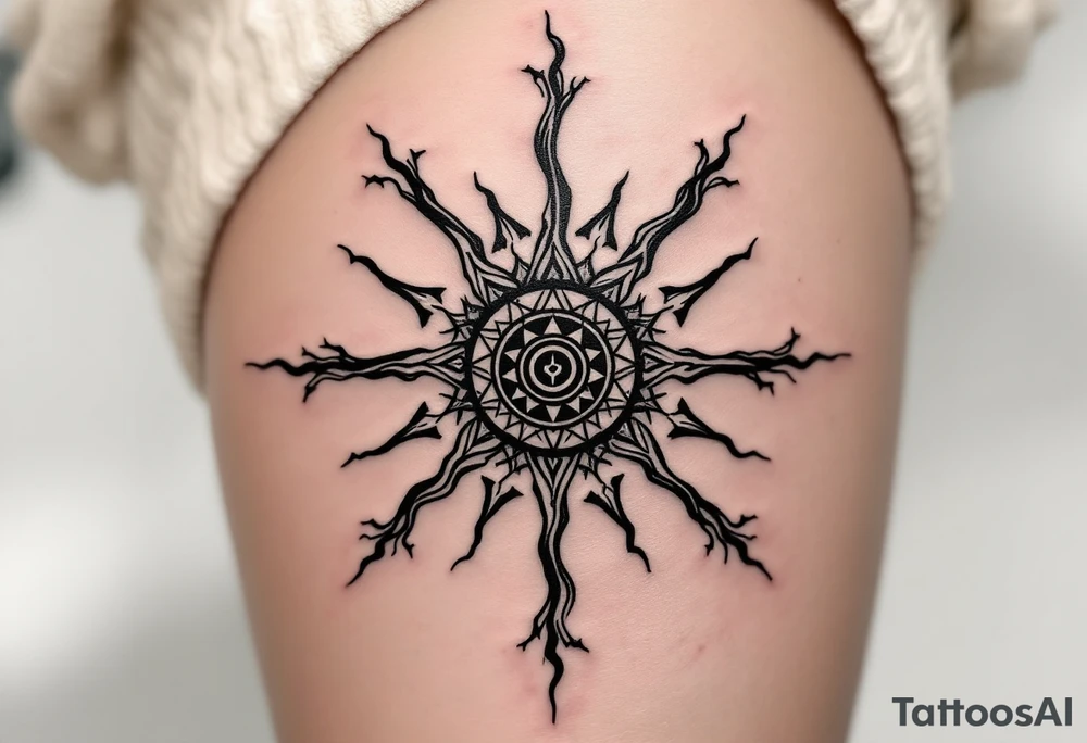 A bold black Kolovrat symbol spins with eight arms, representing the eternal cycle of life and Slavic sun worship. tattoo idea