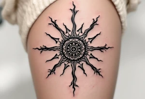 A bold black Kolovrat symbol spins with eight arms, representing the eternal cycle of life and Slavic sun worship. tattoo idea