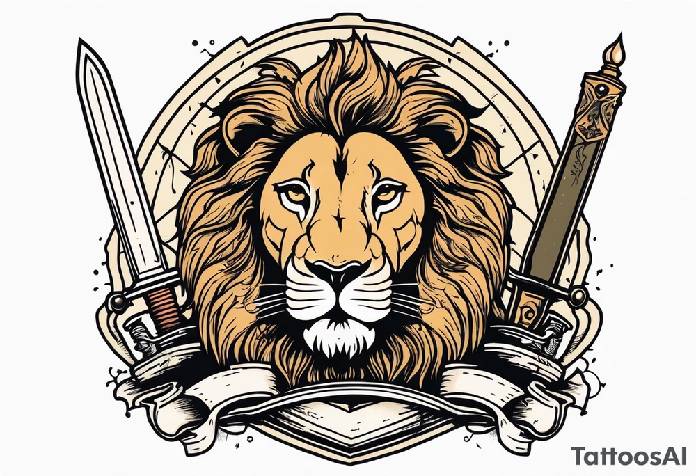 vintage lion icon holding a sword and scientific equipment tattoo idea