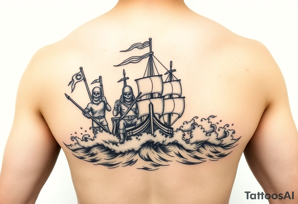 Chest piece with a pirate crew charging the shore with weapons drawn as the waves crash around them tattoo idea