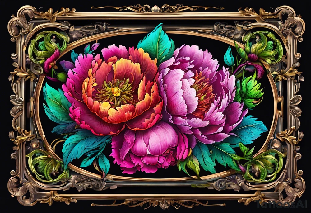 neon colorful peonies,neon colored, surrounding on the outside of a empty beautiful intricate rounded victorian style empty picture frame with filigree tattoo idea