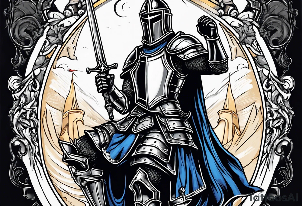 knight holding a bible over his head in combat tattoo idea