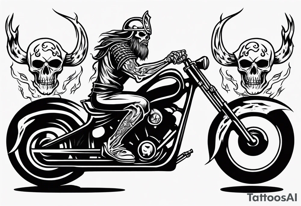 A viking skeleton riding a motorcycle with flames front view and a big viking face in the background tattoo idea