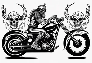 A viking skeleton riding a motorcycle with flames front view and a big viking face in the background tattoo idea