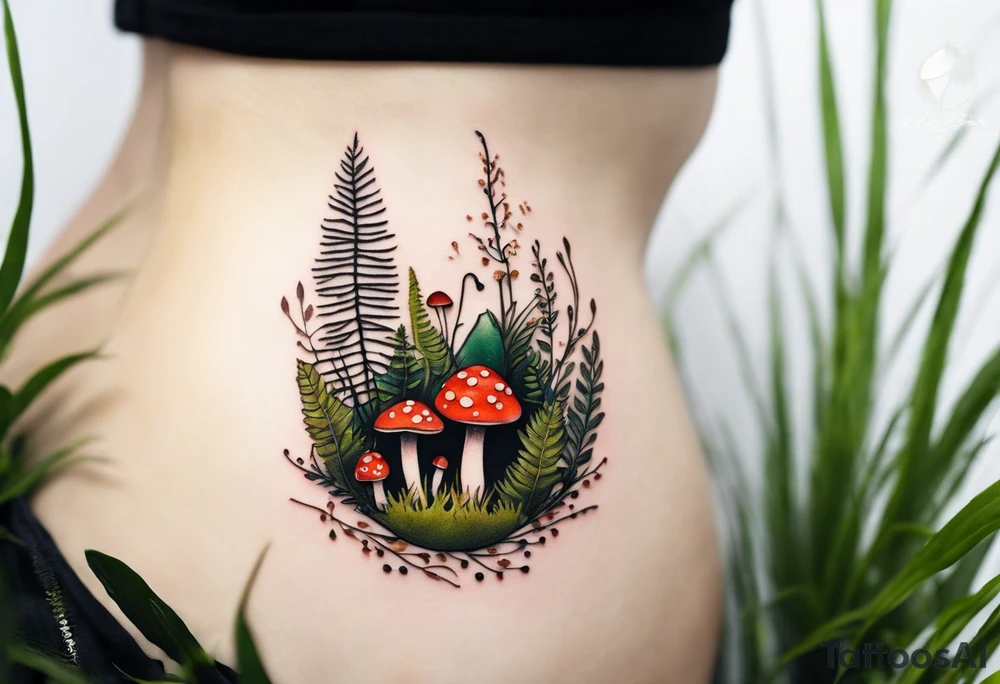 minimalistic forest floor inspired tattoo, which includes grass, moss, curly ferns and dead leaves as the bulk of the tattoo. details to include: forest berries, couple of very small brown mushrooms, a tiny bumblebee flying nearby tattoo idea