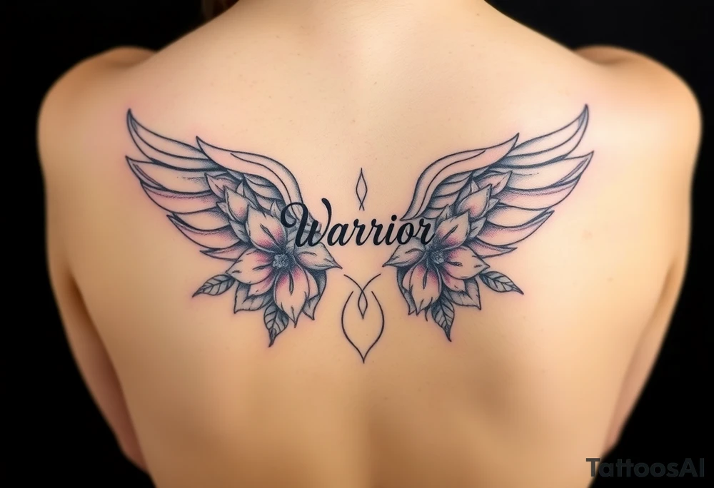 lotus flowers beautiful angel wing with word "Warrior" tattoo idea
