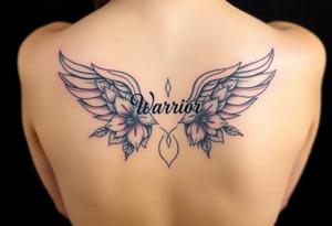 lotus flowers beautiful angel wing with word "Warrior" tattoo idea