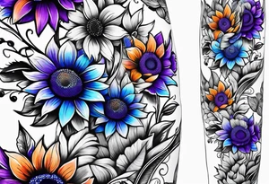 Full leg sleeve with purple, orange and blue sunflowers tattoo idea