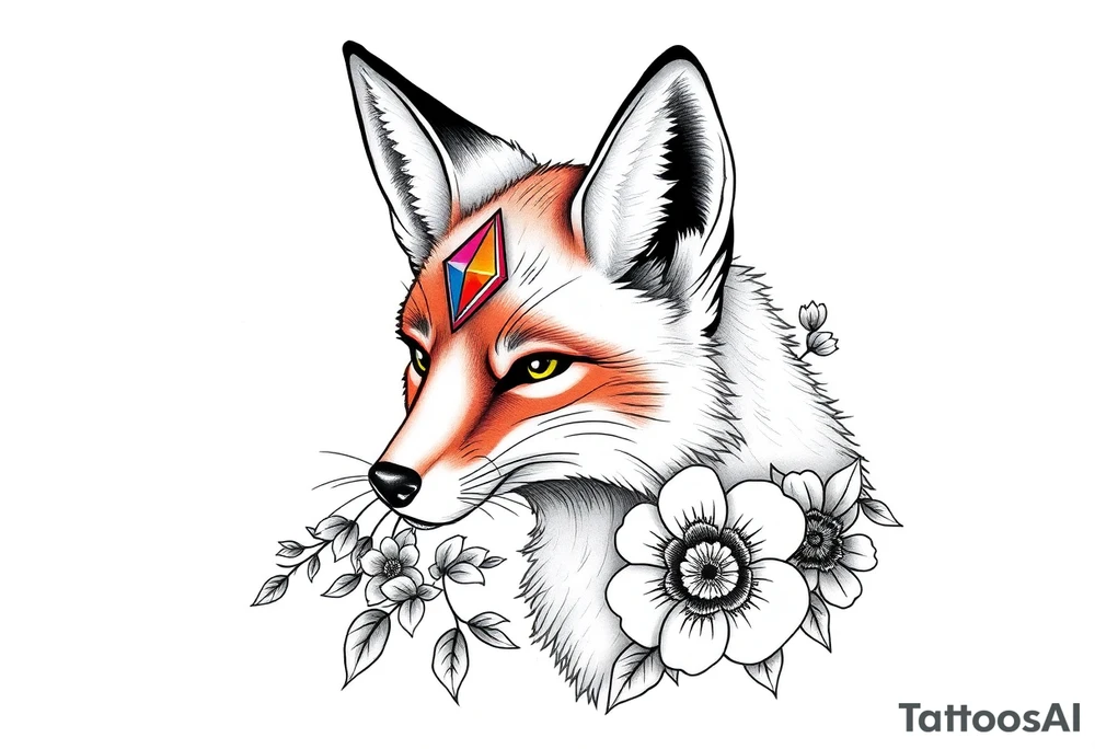 adult fox with mystical blue jewel on forehead smelling wild flowers tattoo idea